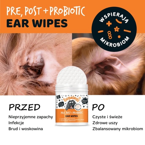 Bugalugs Pre, Post + Probiotic Ear Wipes chusteczki do czyszczenia uszu kota