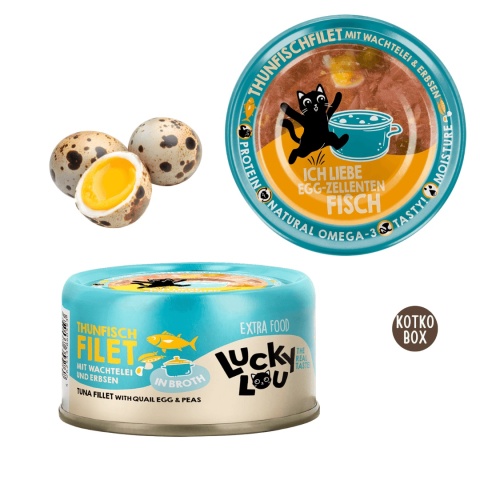 Lucky Lou Extrafood Tuńczyk z Jajkiem Przepiórczym i Groszkiem w Bulionie dla kota puszka 70g