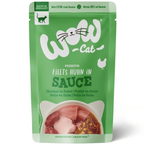 WOW CAT Kurczak w Sosie 85g karma mokra dla kota z mięsem, sercami i żołądkami kurczaka