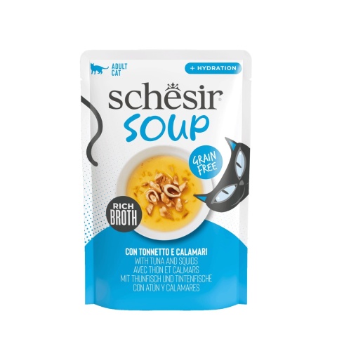 Schesir Soup Tuńczyk z Kalmarami 40g zupa dla kota z kawałkami tuńczyka i kalmarów