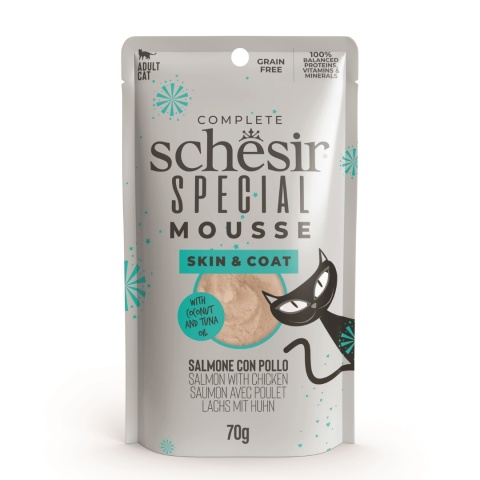 Schesir Special Mousse Skin & Coat Łosoś z Kurczakiem 70g pełnoporcjowy mus dla zdrowej skóry i sierści kota